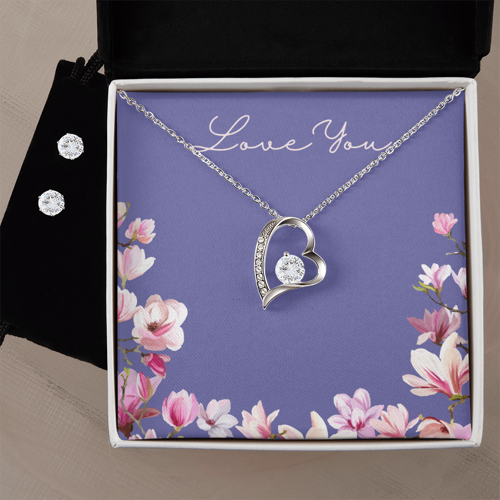 Love You: Cubic Zirconia Earrings & Heart Necklace Set