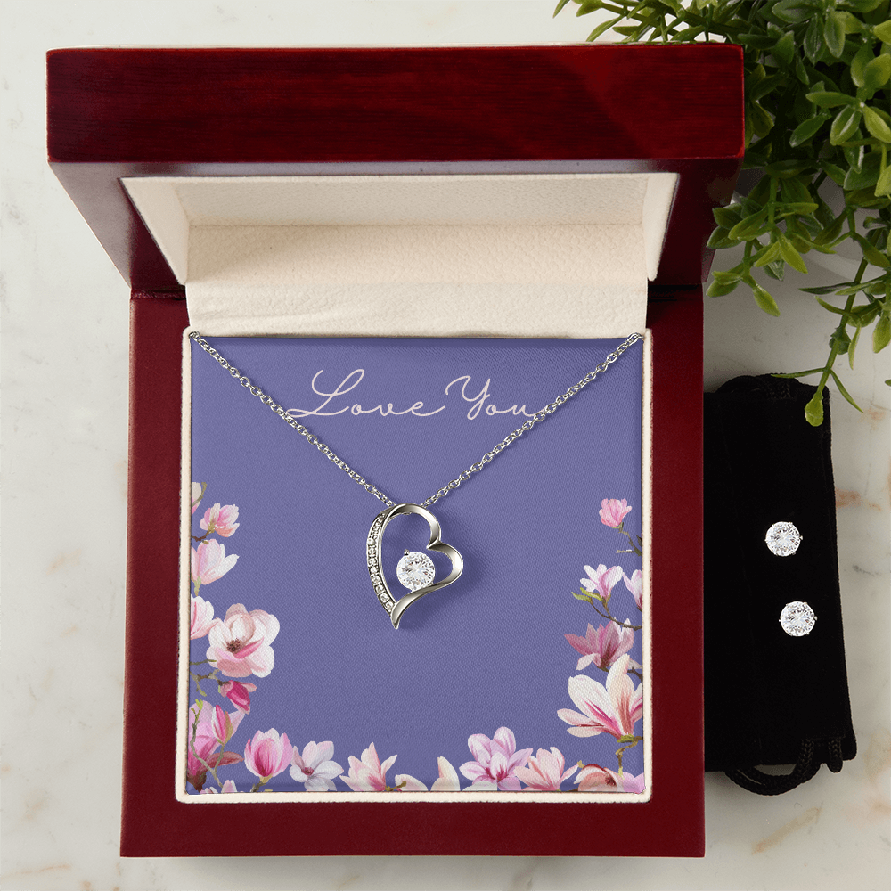 Love You: Cubic Zirconia Earrings & Heart Necklace Set